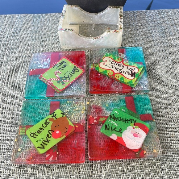 XMAS Handmade Fun and Festive Holiday Square Coaster Set and Holder - Picture 11 of 16